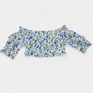 Altar’d State Short Sleeve Floral Smocked Crop Top Multicolor S Girly Coquette